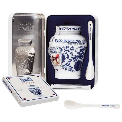 Latta Regalo Opalina 600g Amarene Sciroppate + Cucchiaio in Ceramica e Ricettario Fabbri